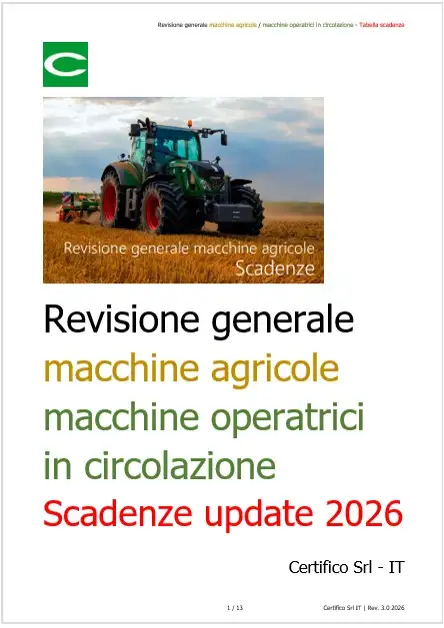 Revisione generale macchine agricole e macchine operatrici in circolazione / Tabella scadenze per anno omologazione / Update 02.03.2026